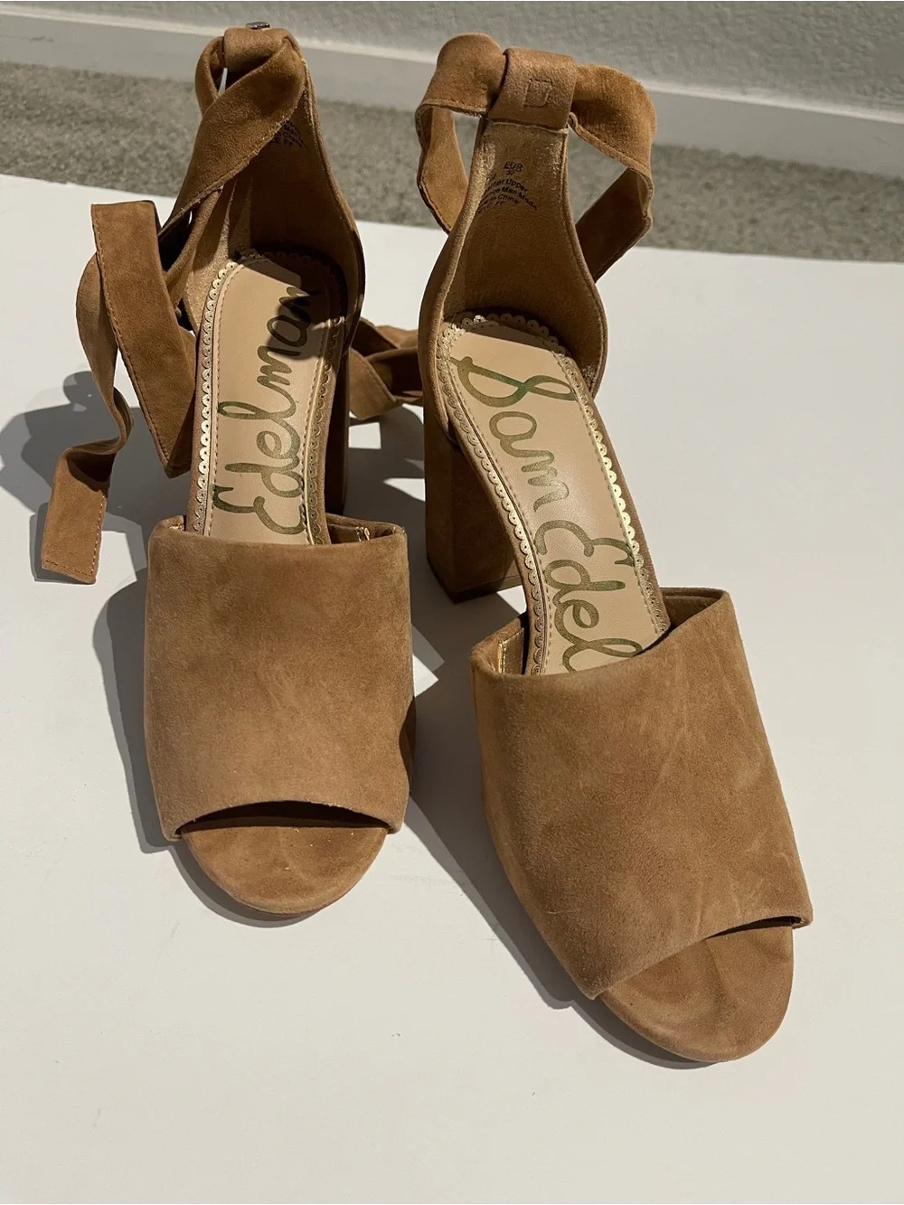 Sam Edelman Tan Suede Ankle-Tie Block Heels
